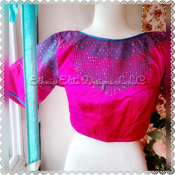 New Pink Blue handmade Embroidered silk cotton blouse - Picture 5 of 8